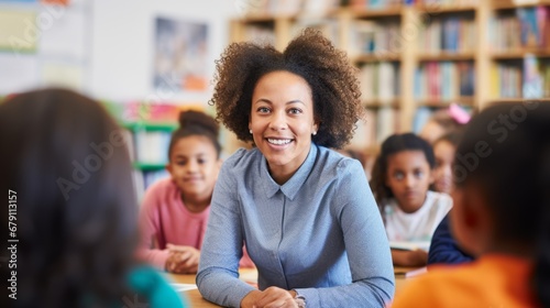 Portrait of a smiling female teacher in elementary school class, looking at camera with students in the background