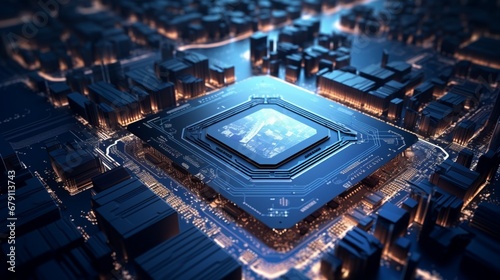 Futuristic motherboard with complex microchip integration.