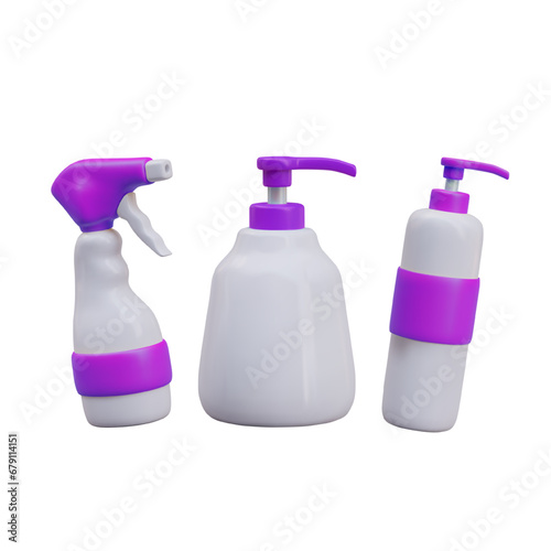 Plastic bottles with dispensers and spray bottle. Concept of taking shower and cleaning at home. Body care and cleaning. Vector illustration in 3d style with purple elements