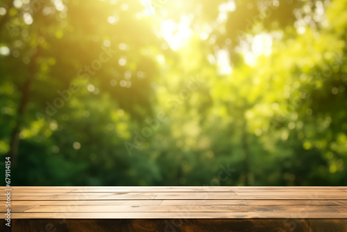 Empty wooden table top with blur background of summer lakes green forest. High quality photo
