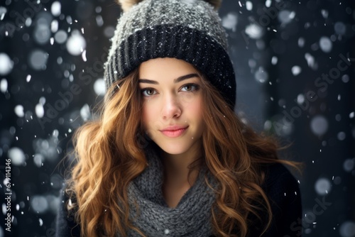 Woman wearing winter clothes, snow is falling, cold temperatures, Scarf and knitted beanie, Knitted Hat