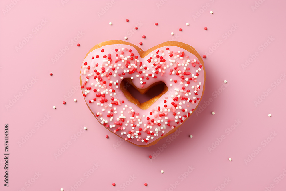 Valentine's Day heart shape pink donut with sprinkles on pink background