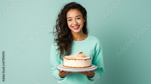 Carefree young teen with glad expression holding birthday cake and smiles widely, isolated over blue background in studio photo
