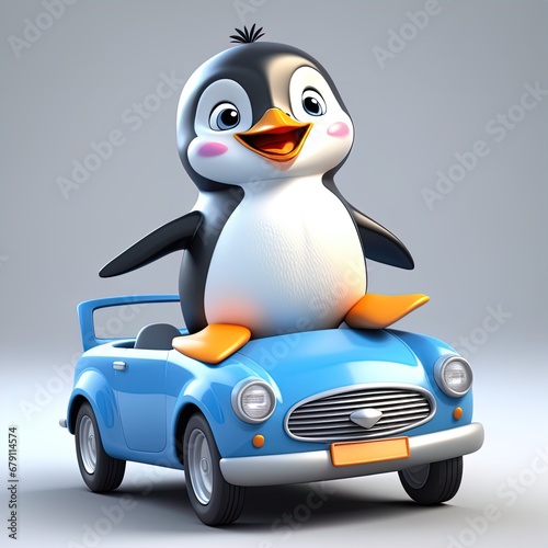 fun penguin holding car - 3 d illustrationfun penguin holding car - 3 d illustrationfunny cartoon character with car - 3 d illustration photo