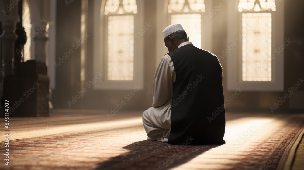A devout Muslim man bows to pray in a mosque. - obrazy, fototapety, plakaty 