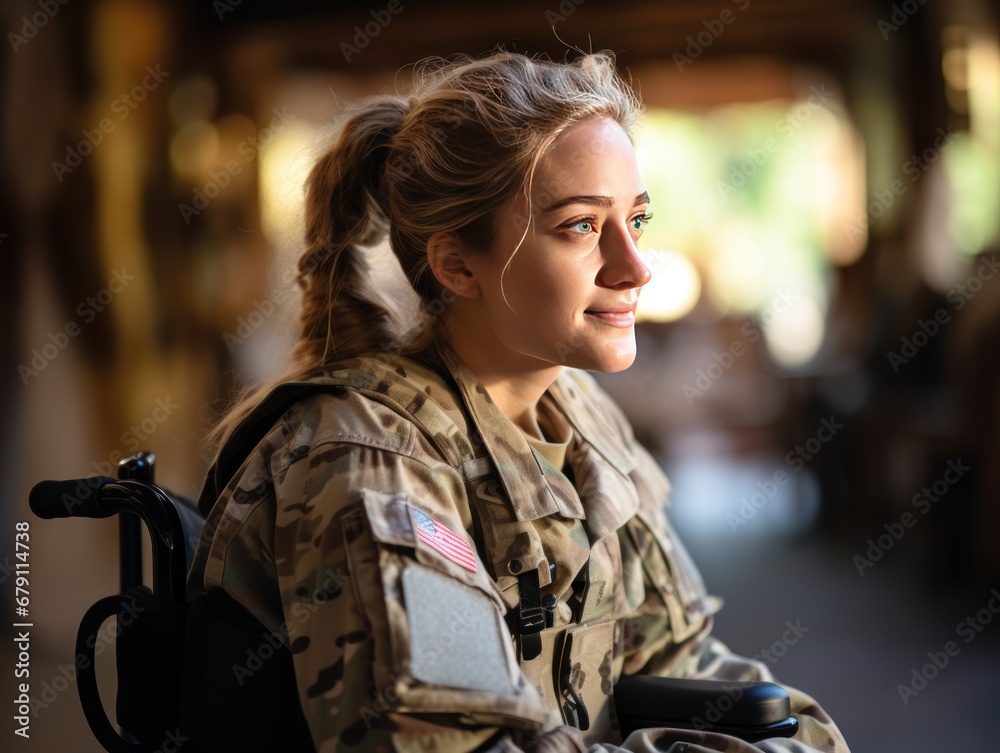 Fototapeta premium A disabled female soldier wearing a happy camouflage uniform sits smiling looking at the camera from a wheelchair in her home.