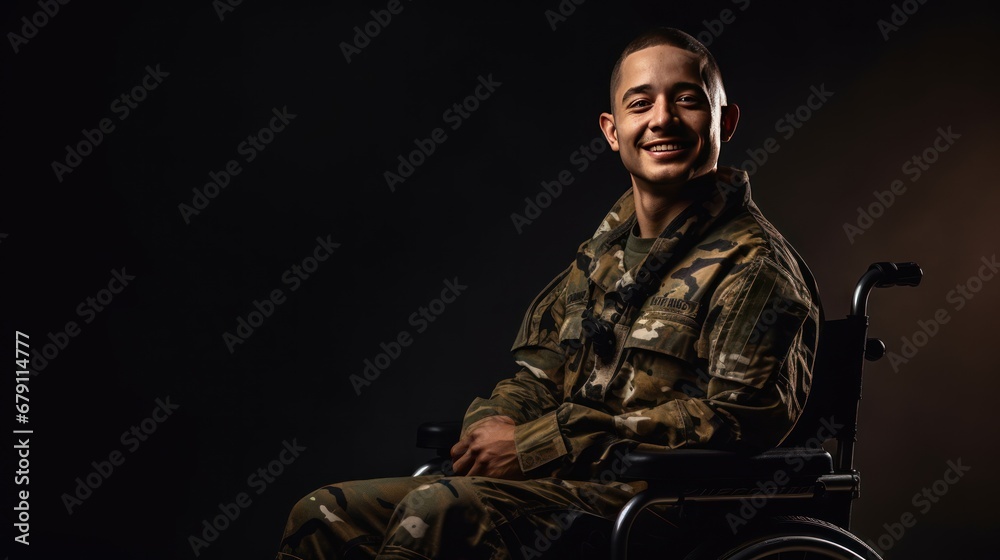 A disabled young male soldier wearing a happy camouflage uniform sits smiling looking at the camera in a wheelchair. A disabled young male soldier wearing a happy camouflage uniform sits smiling looking at the camera in a wheelchair.