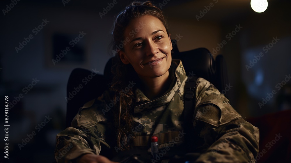 A disabled female soldier wearing a happy camouflage uniform sits smiling looking at the camera from a wheelchair in her home.