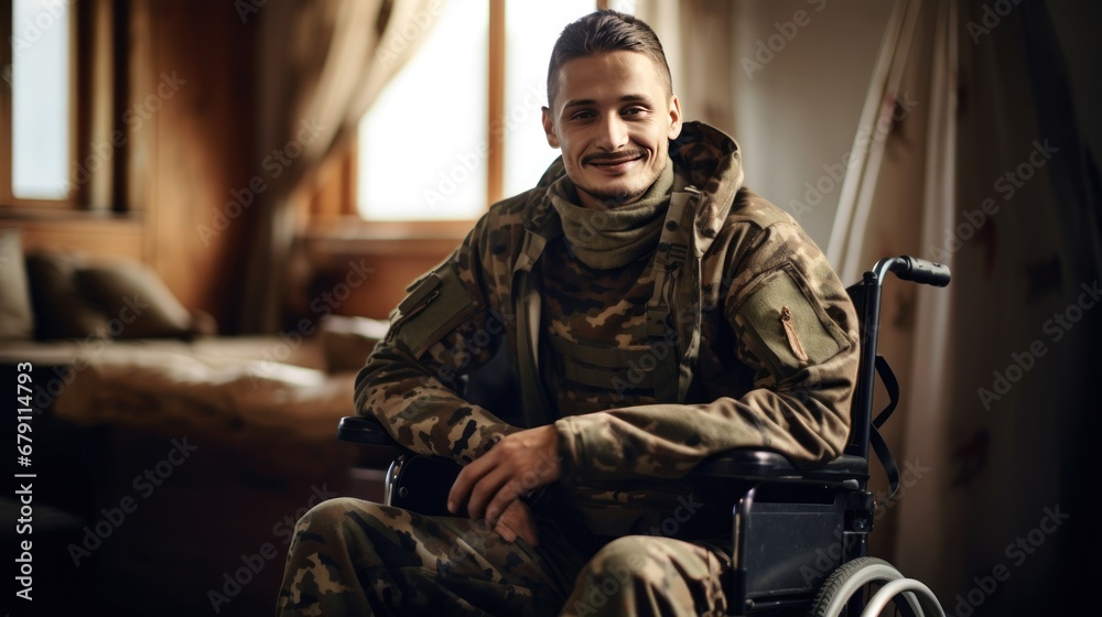 A disabled young male soldier wearing a happy camouflage uniform sits smiling looking at the camera in a wheelchair. A disabled young male soldier wearing a happy camouflage uniform sits smiling looking at the camera in a wheelchair.