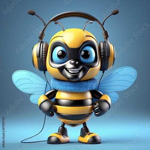 funny bee cartoon characterfunny bee cartoon charactercute cartoon character with headphones - 3 d illustration photo