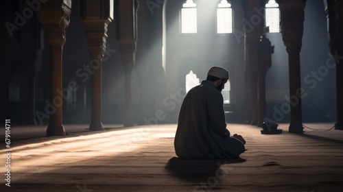 A devout Muslim man bows to pray in a mosque.