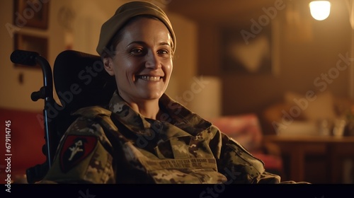 A disabled female soldier wearing a happy camouflage uniform sits smiling looking at the camera from a wheelchair in her home.