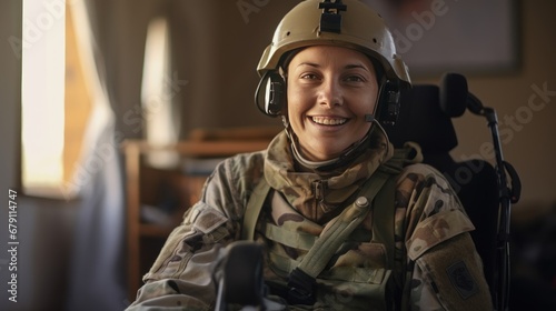 A disabled female soldier wearing a happy camouflage uniform sits smiling looking at the camera from a wheelchair in her home.