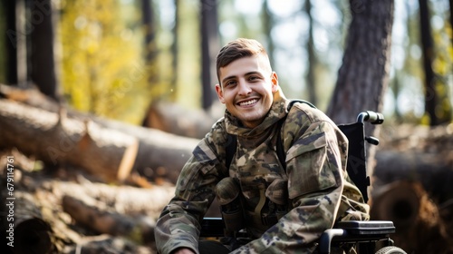 A disabled young male soldier wearing a happy camouflage uniform sits smiling looking at the camera in a wheelchair.