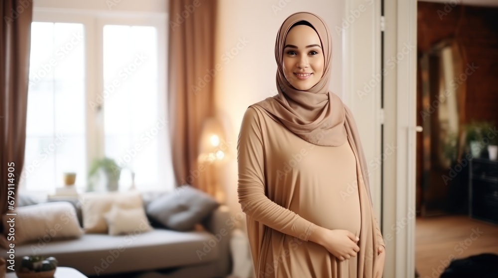 A pregnant Muslim woman stands and smiles looking at the camera behind the living room A pregnant Muslim woman stands and smiles looking at the camera behind the living room