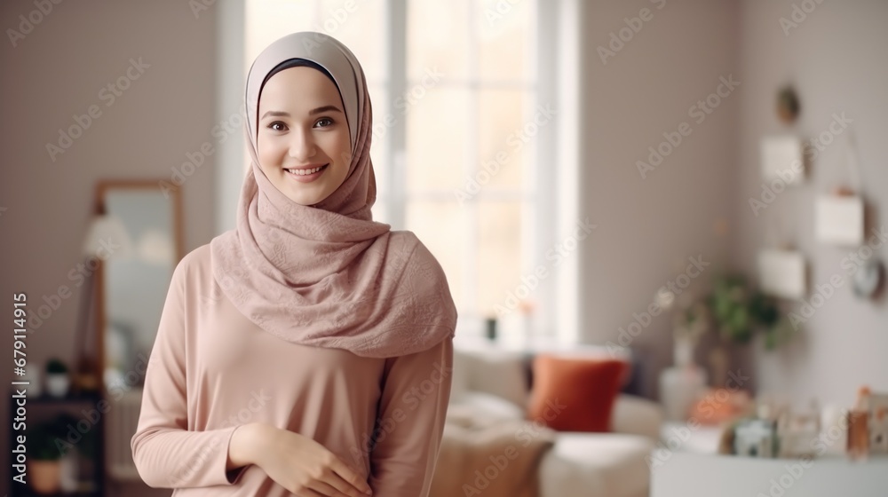 A pregnant Muslim woman stands and smiles looking at the camera behind the living room A pregnant Muslim woman stands and smiles looking at the camera behind the living room
