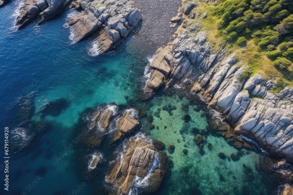 aerial view of a rocky coastal area through drone aerial view of a rocky coastal area through drone
