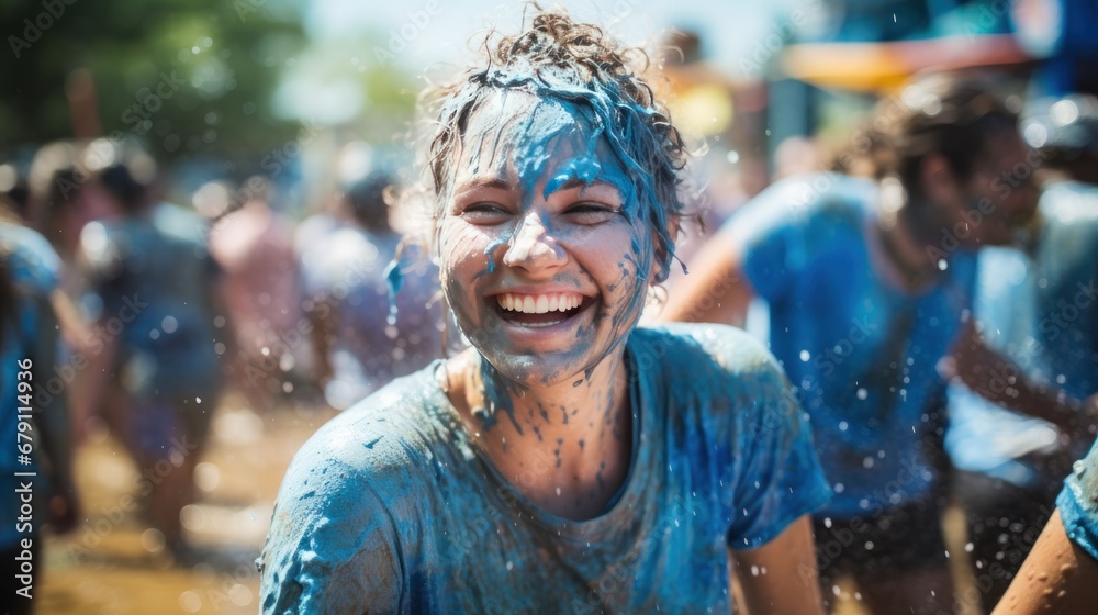 Obraz premium A smiling American woman wearing a blue floral shirt happily plays in the water during the Songkran festival in central Thailand.