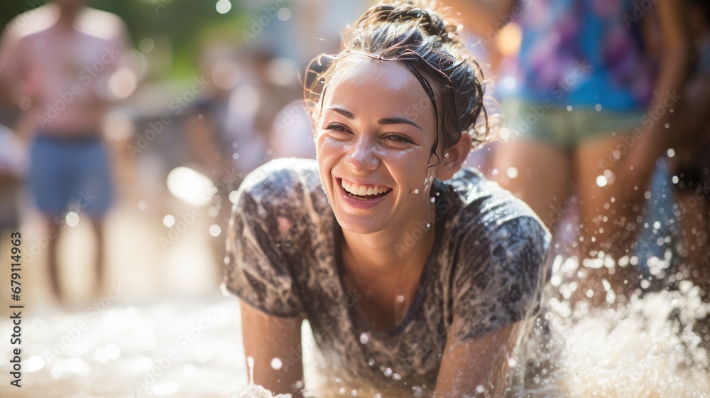 A smiling American woman wearing a blue floral shirt happily plays in the water during the Songkran festival in central Thailand. A smiling American woman wearing a blue floral shirt happily plays in the water during the Songkran festival in central Thailand.