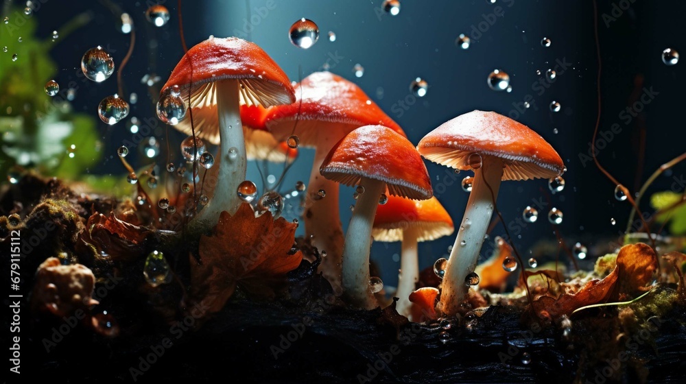 
water on mushrooms - obrazy, fototapety, plakaty 