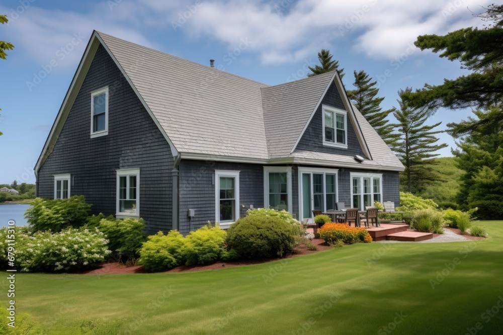 expanded cape cod house with a slate grey roof