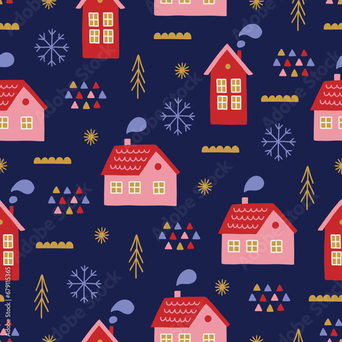 Christmas seamless pattern with snowflakes, fir trees and houses