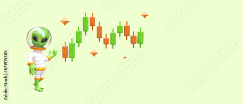 Green humanoid shows chart with Japanese candles. Stock trading. Help from financial consultant, navigation. Vector concept with 3D illustration, place for text