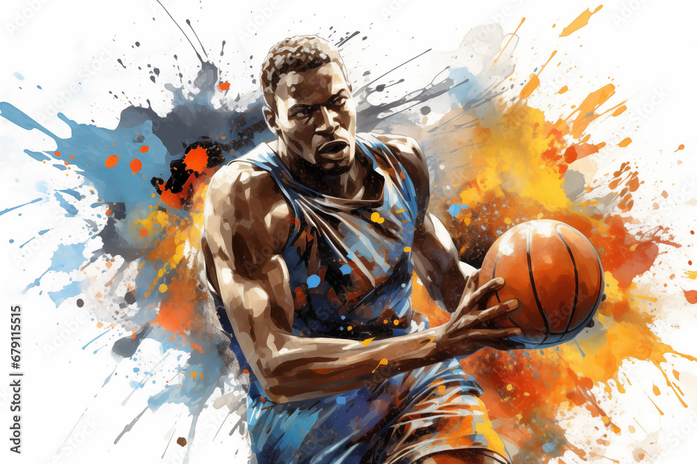basketball player with the ball in abstract colorful watercolor design