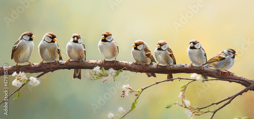 sparrow birds on a branch with flowers