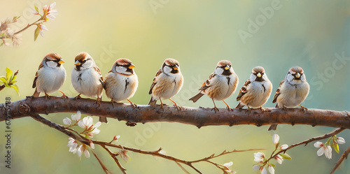 sparrow birds on a branch with flowers