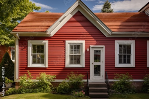 a red roofed house showcasing its tall shuttered windows