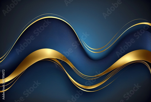 Wave ornament abstract background. Golden blue color gradient glowing curl curve layers design geometric ripple texture graphic art illustration.