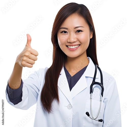 Doctor gives thumbs up light of admiration, Portrait of a beautiful female doctor on a transparent background PNG.