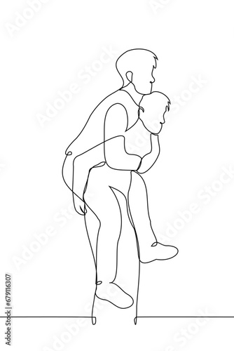 Fototapeta Naklejka Na Ścianę i Meble -  man carries another man on his back - one line art vector. concept piggyback