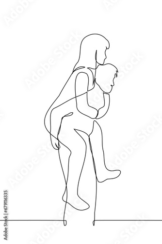 man carries woman on his back - one line art vector. concept piggyback