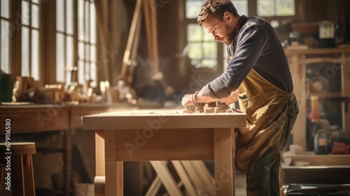 A young carpenter looks at the instruction manual for a handmade wooden chair. Provide a tool room