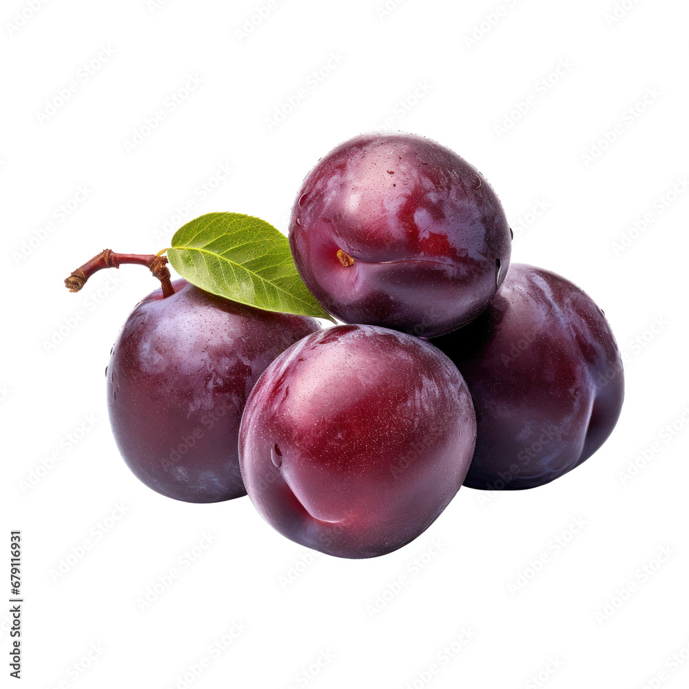Plums with a leaf. Isolated on transparent background.