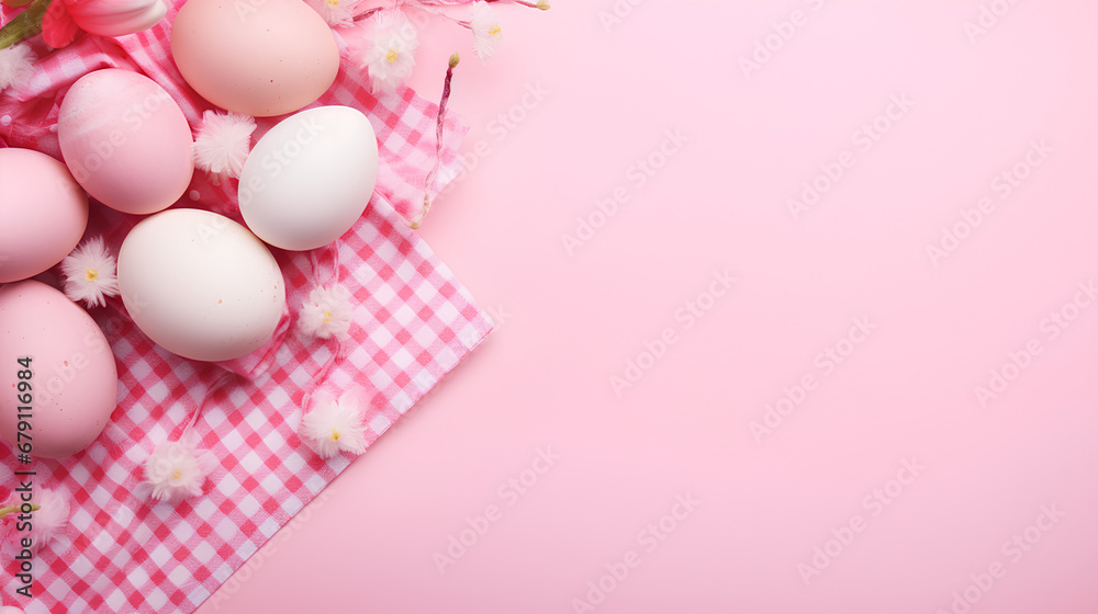 Pink easter background with easter eggs on top of a napkin, copy space banner for easter festival