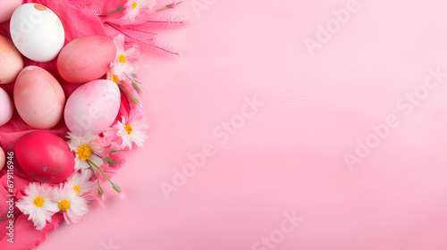 Pink easter background with easter eggs on top of a napkin  copy space banner for easter festival