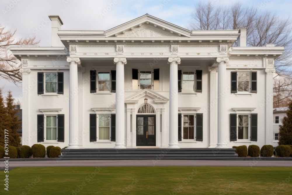 symmetrical facade of a greek revival house with prominent pediments
