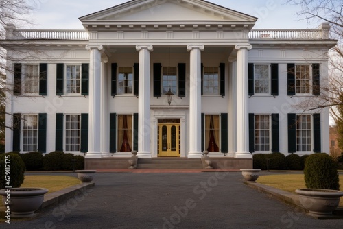 symmetrical pillars on the front of greek revival mansion