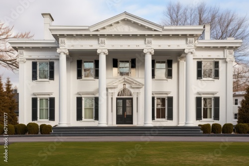 symmetrical facade of a greek revival house with prominent pediments © altitudevisual