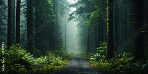 Misty road in fir forest. Minimalistic scenery. Generative AI