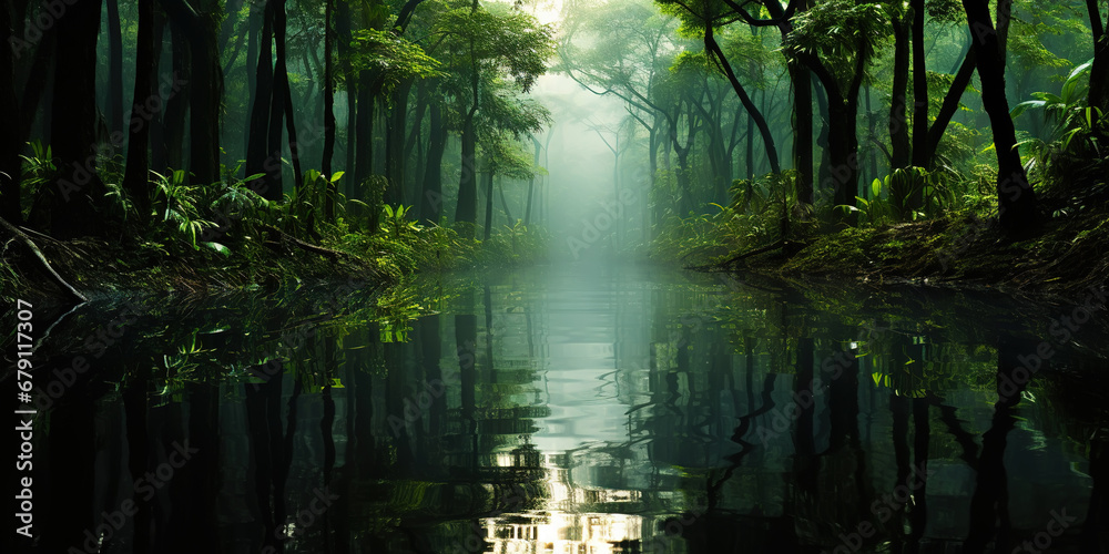 Tropical rainforest around river covered with mist. Generative AI Tropical rainforest around river covered with mist. Generative AI