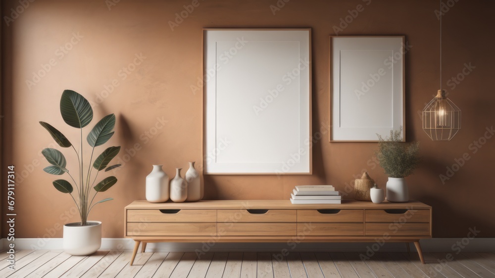 Wooden rustic chest of drawers near wall with blank poster frame with copy space. Interior design of modern living room Wooden rustic chest of drawers near wall with blank poster frame with copy space. Interior design of modern living room
