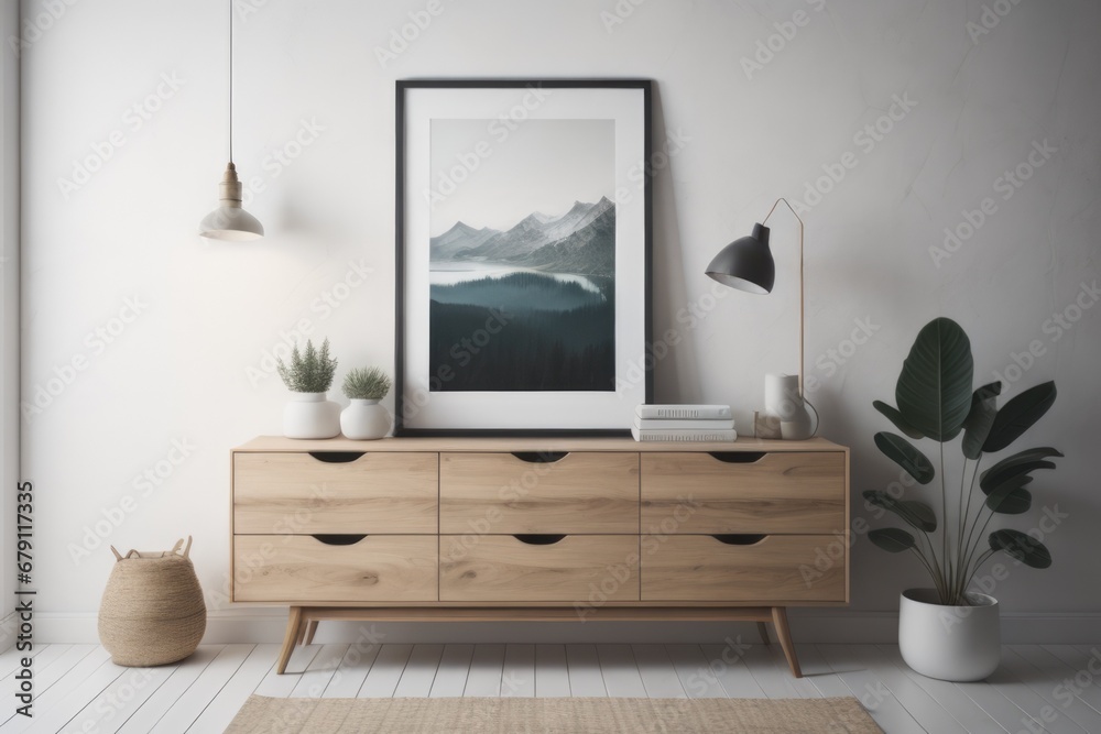 Wooden rustic chest of drawers near wall with blank poster frame with copy space. Interior design of modern living room Wooden rustic chest of drawers near wall with blank poster frame with copy space. Interior design of modern living room