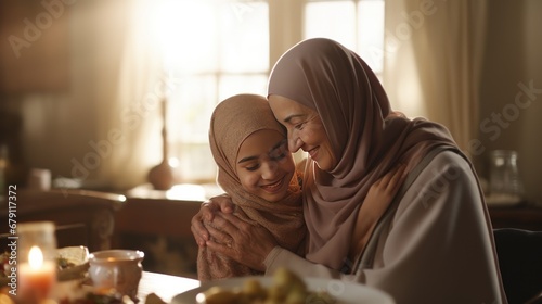 Muslim grandmother and granddaughter hug during family meal in dining room