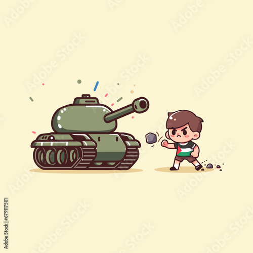 Brave Palestinian child confronts colonial military tank and throws stones with angry expression illustration concept