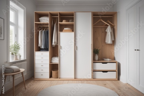 White wooden wardrobe in scandinavian style interior design of modern bedroom