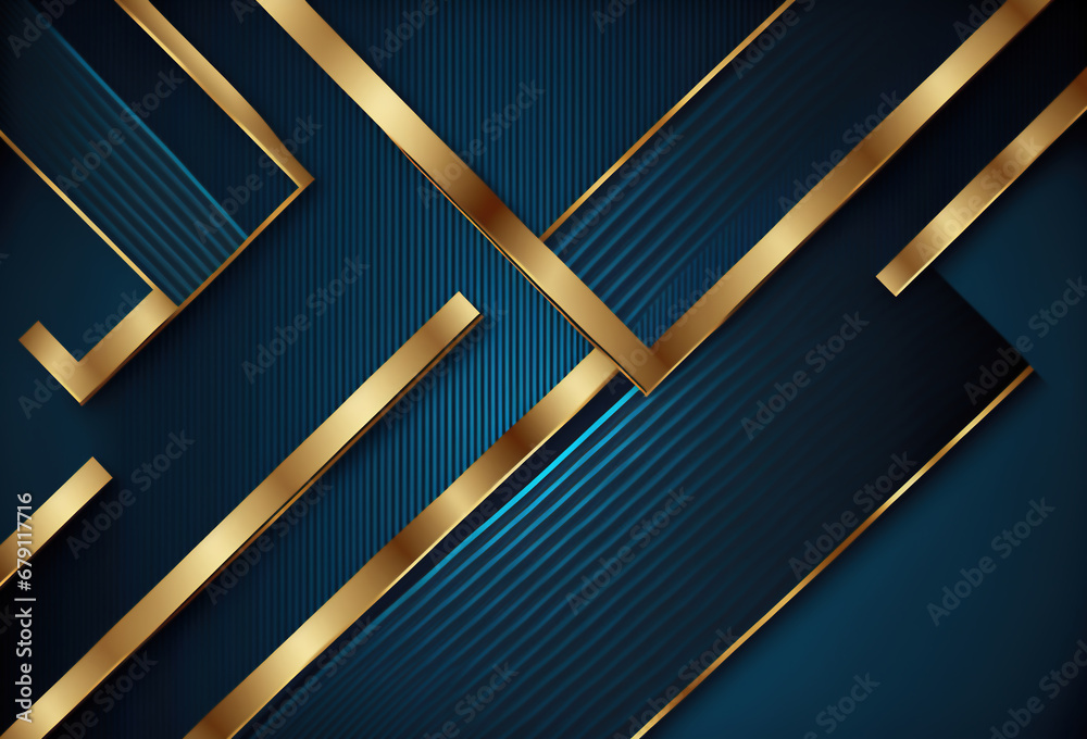 Geometric background. Metallic graphic. Golden blue color glowing square angle lines design ribbed texture abstract art illustration. - obrazy, fototapety, plakaty 